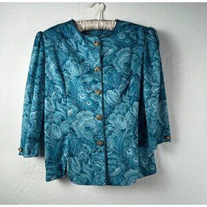 Vintage Whirlaway Frocks Button Jacket Skirt Suit Set Size 16 Blue Floral Career